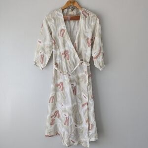 Tradlands Dress Women's XXS White Brown Berenice Print Lily Midi Wrap Belt